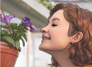 Mujer jóven cerca de flores sintiendo su aroma